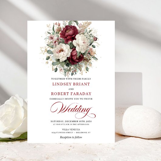 Luxury Burgundy White Floral Gold Wedding Invite Einladung