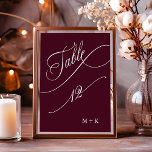 Luxury Calligraphy Burgundy Wedding Number 12, Tischnummer<br><div class="desc">Tabelle 12. Bitte Karo alle verfügbaren Nummern. | Luxuriöse und elegante Wirble Kalligraphie Hochzeit Tischnummer mit Ihren Initialen. Für eine weiter gehende Anpassung dieses Designs klicken Sie bitte auf den BUTTON BLAU DESIGN TOOL oben!</div>
