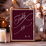Luxury Calligraphy Burgundy Wedding Number 18, Tischnummer<br><div class="desc">Tabelle 18. Bitte Karo alle verfügbaren Nummern. | Luxuriöse und elegante Wirble Kalligraphie Hochzeit Tischnummer mit Ihren Initialen. Für eine weiter gehende Anpassung dieses Designs klicken Sie bitte auf den BUTTON BLAU DESIGN TOOL oben!</div>