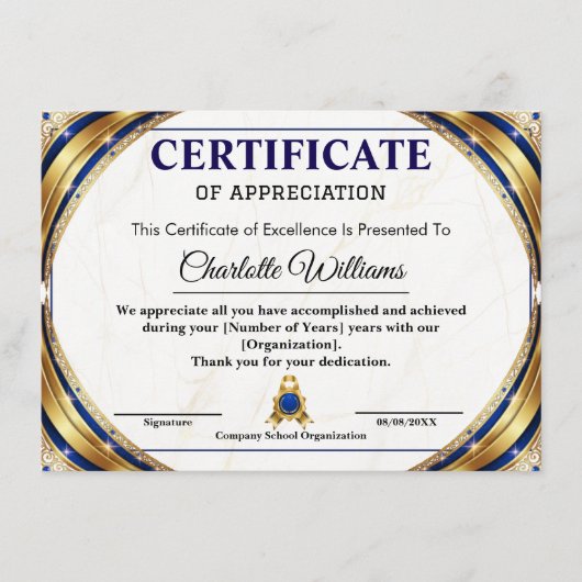 Luxury Certificate of Appreciation Award Template Begleitkarte (Vorderseite)