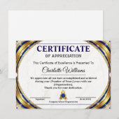 Luxury Certificate of Appreciation Award Template Begleitkarte (Vorne/Hinten)