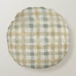 Luxury Checked, Gold Grey Beigi Pattern Rundes Kissen