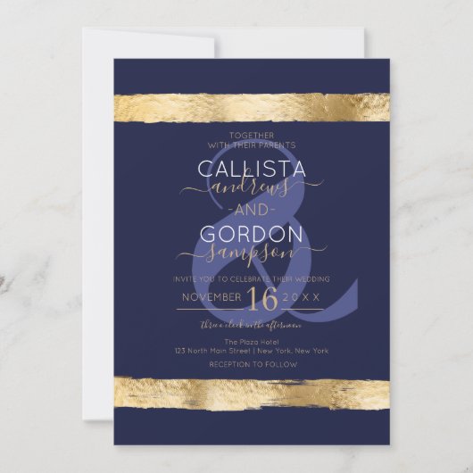 Luxury Chic Navy Gold Brushstroke Border Wedding Einladung (Vorderseite)