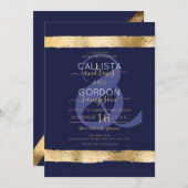 Luxury Chic Navy Gold Brushstroke Border Wedding Einladung (Vorne/Hinten)