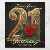 Luxury Chic Red Rose Gold Filigree 21st Birthday Weinetikett (Einzelnes Label)