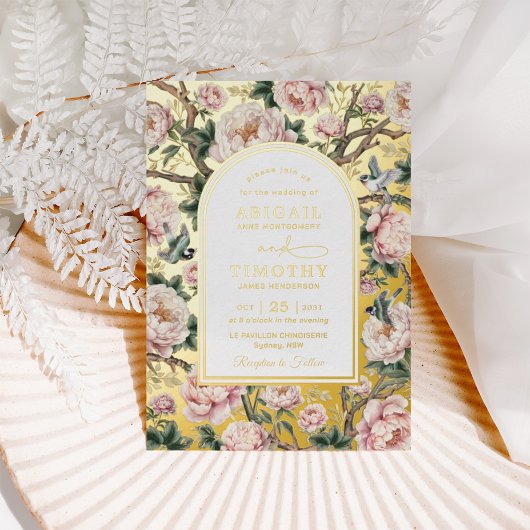 Luxury Chinoiserie Peony Floral Birds Hochzeit Folieneinladung