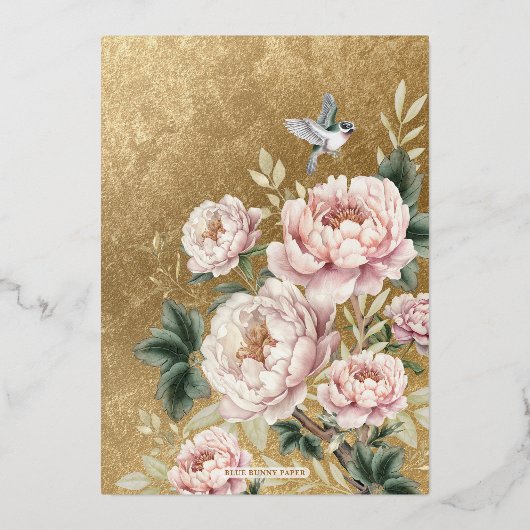 Luxury Chinoiserie Peony Floral Birds Hochzeit Folieneinladung (Rückseite)