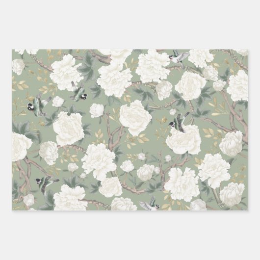 Luxury Chinoiserie Sage Green Elfenbeinwild Blume Geschenkpapier Set (Vorderseite)