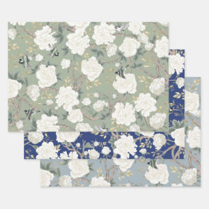 Luxury Chinoiserie Sage Green Elfenbeinwild Blume  Geschenkpapier Set
