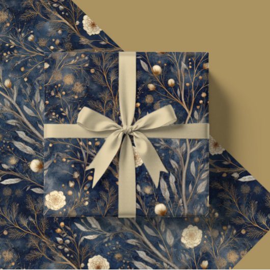 Luxury Christmas Navy and Cream Floral Gift  Geschenkpapier