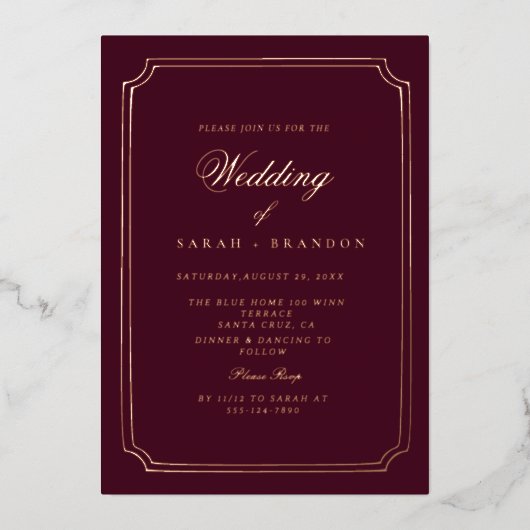 Luxury Classic Burgundy Gold Frame Wedding Folieneinladung (Vorderseite)