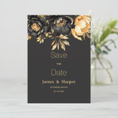 Luxury classy black gold peony flora Save the Date Einladung (Stehend Vorderseite)