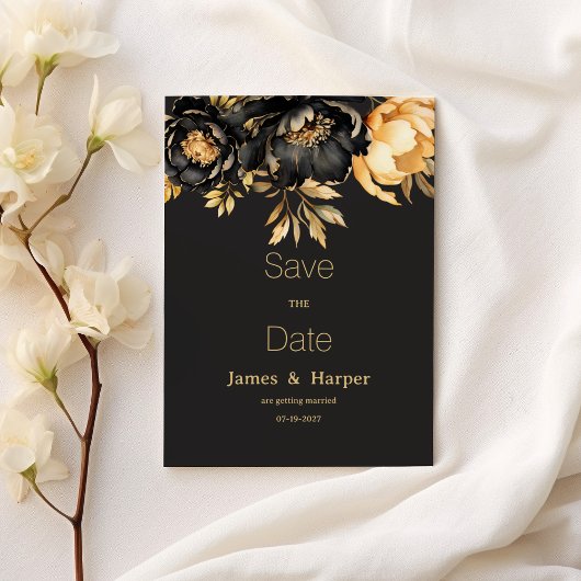Luxury classy black gold peony flora Save the Date Einladung