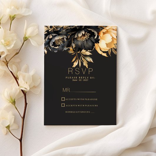 Luxury classy black gold peony floral RSVP Einladung