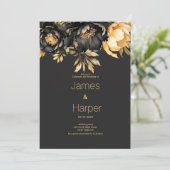 Luxury classy black gold peony floral Wedding Einladung (Stehend Vorderseite)