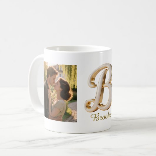 Luxury Cursive Gold White Initial  B + 2 PHOTO Kaffeetasse (Vorderseite Links)