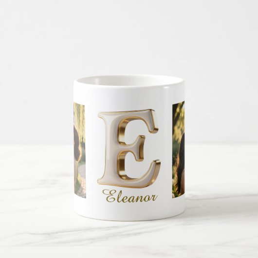 Luxury Cursive Gold White Initial  E + 2 PHOTO Kaffeetasse (Mittel)