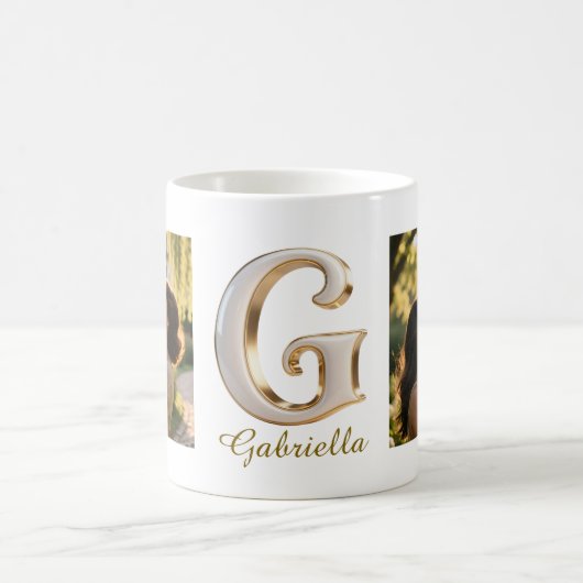Luxury Cursive Gold White Initial G + 2 PHOTO Kaffeetasse (Mittel)