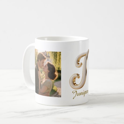 Luxury Cursive Gold White Initial  J + 2 PHOTO Kaffeetasse (Vorderseite Links)
