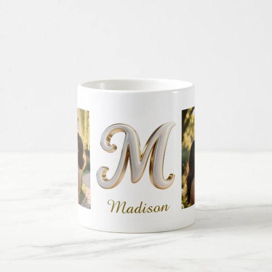 Luxury Cursive Gold White Initial  M + 2 PHOTO Kaffeetasse (Mittel)