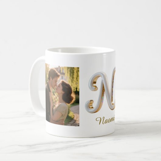 Luxury Cursive Gold White Initial  N + 2 PHOTO Kaffeetasse (Vorderseite Links)