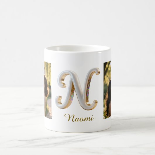 Luxury Cursive Gold White Initial N + 2 PHOTO Kaffeetasse (Mittel)
