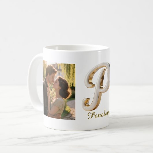 Luxury Cursive Gold White Initial  P + 2 PHOTO Kaffeetasse (Vorderseite Links)