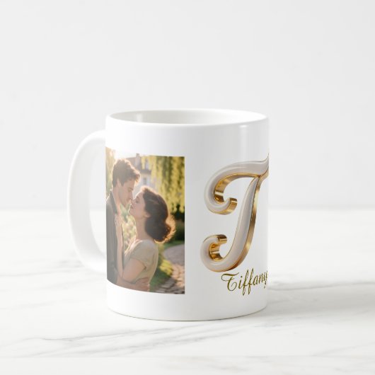 Luxury Cursive Gold White Initial  T+ 2 PHOTO Kaffeetasse (Vorderseite Links)