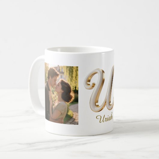 Luxury Cursive Gold White Initial  U + 2 PHOTO Kaffeetasse (Vorderseite Links)