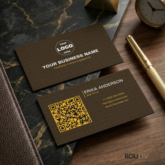 Luxury Dark Brown Textured QR Code Minimal Gold  Visitenkarte