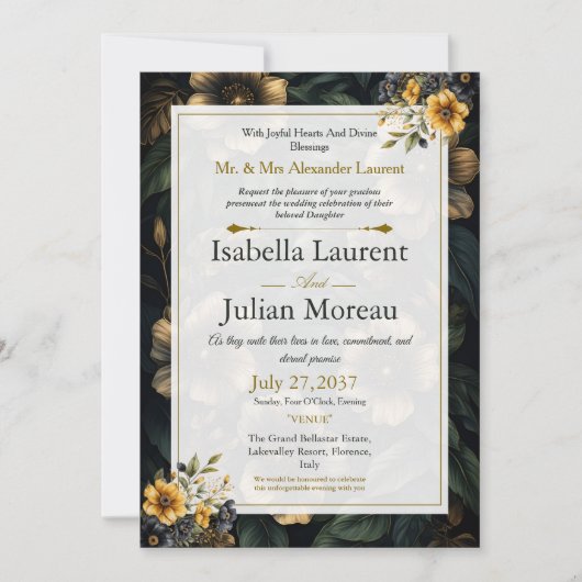 Luxury Dark Floral Elegant Wedding Invitation Einladung (Vorderseite)