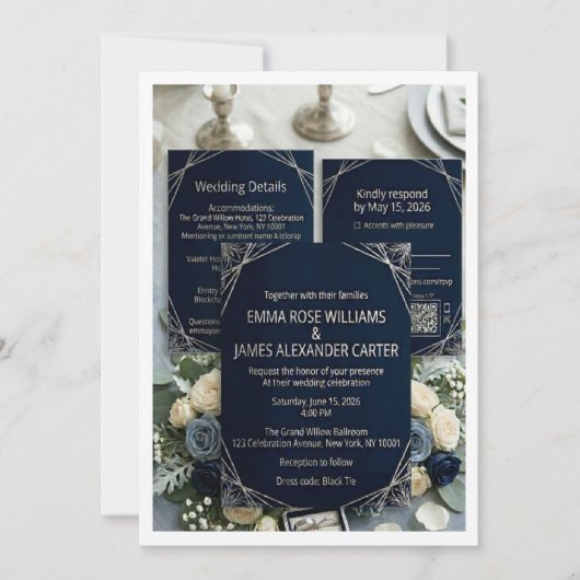Luxury Dark Navy & Silver Wedding Invitation Suite Einladung (Vorderseite)