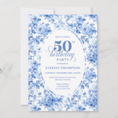 Luxury Deep Blue Toile Roses 50th Birthday Invite Einladung (Vorderseite)
