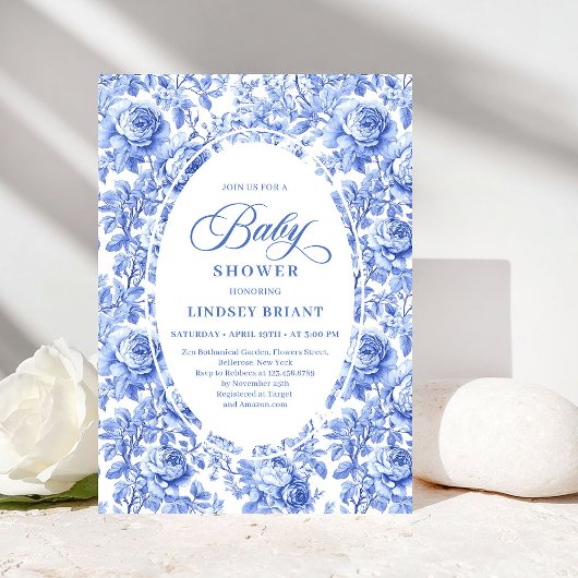 Luxury Deep Blue Toile Roses Baby Shower Invites Einladung