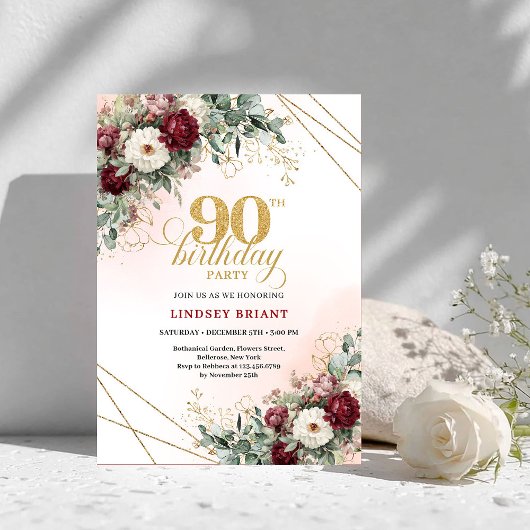 Luxury Deep Red Floral Gold 90th Birthday Invite Einladung