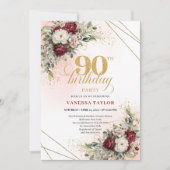 Luxury Deep Red Floral Gold 90th Birthday Invite Einladung (Vorderseite)