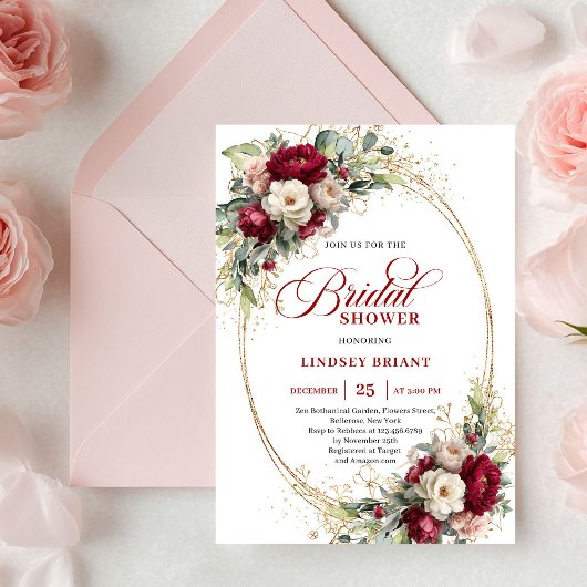Luxury Deep Red Rose Gold Bridal Shower Invitation Einladung