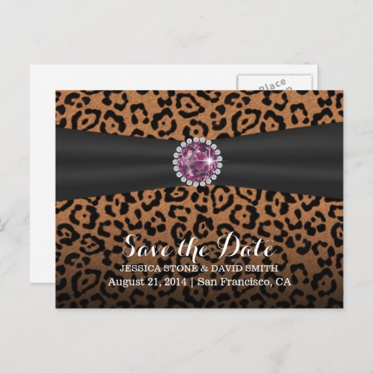 Luxury Diamond Gems Leopard Print Save the Date Ankündigungspostkarte (Vorne/Hinten)