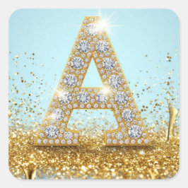 Luxury Diamond Letter A on Gold Glitter Background Quadratischer Aufkleber