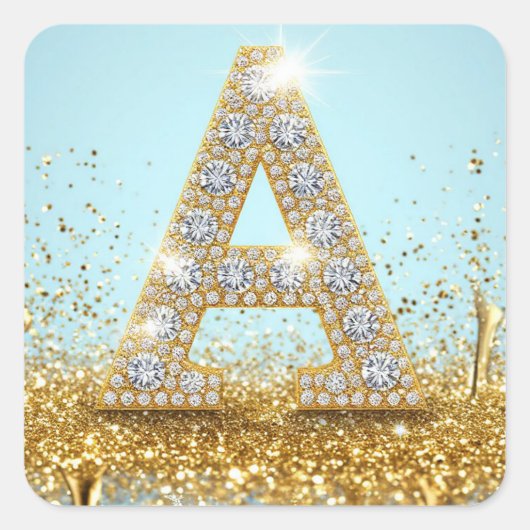 Luxury Diamond Letter A on Gold Glitter Background Quadratischer Aufkleber (Vorderseite)