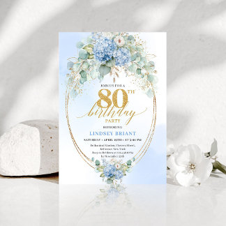 Luxury Dusty Blue Floral Gold 80th Birthday Invite Einladung