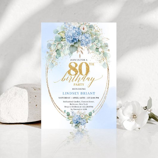 Luxury Dusty Blue Floral Gold 80th Birthday Invite Einladung