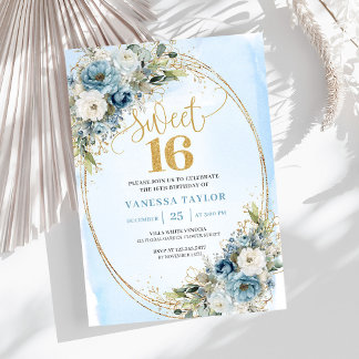 Luxury Dusty Blue Floral Sweet Sixteen Birthday  Einladung