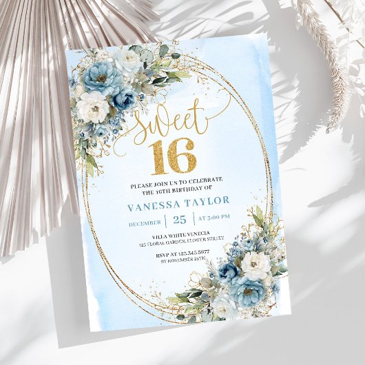 Luxury Dusty Blue Floral Sweet Sixteen Birthday  Einladung