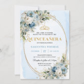 Luxury Dusty Blue Gold Greenery Quinceañera Einladung (Vorderseite)