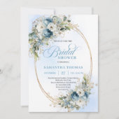 Luxury Dusty Blue Greenery Floral Bridal Shower Einladung (Vorderseite)