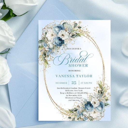 Luxury Dusty Blue Greenery Floral Bridal Shower Einladung