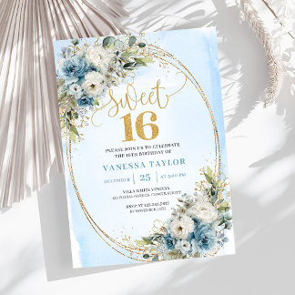 Luxury Dusty Blue Greenery Sweet Sixteen Invite Einladung