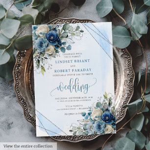 Luxury Dusty Blue Silver Floral Wedding Einladung