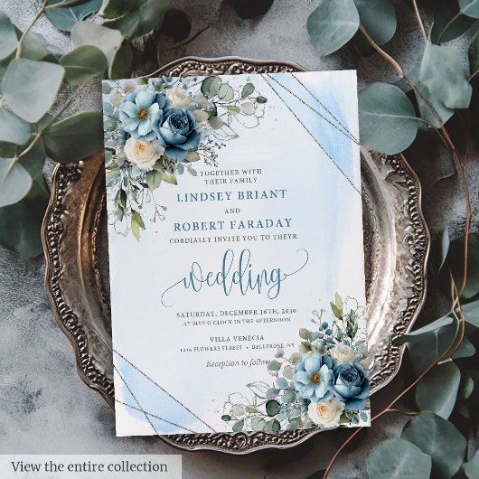Luxury Dusty Blue Silver Wedding Einladungskarte Einladung
